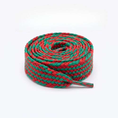 Lacet tresse plate tubulaire PES 12 mm bicolore Vert / Rouge