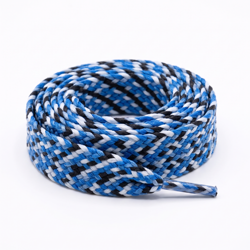 Lacet tressé plat tubulaire PES 12 mm tricolore Bleu Ciel / Bleu Marine / Bleu Majorelle